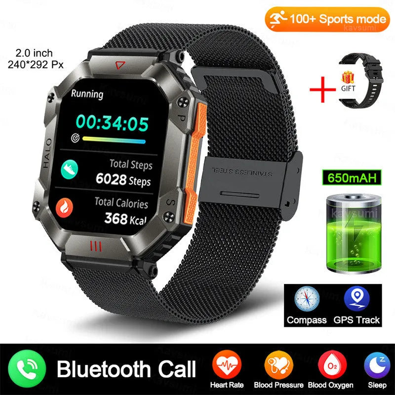 Android smart watch with GPS on wrist, showing titanium alloy case and black camouflage strap.