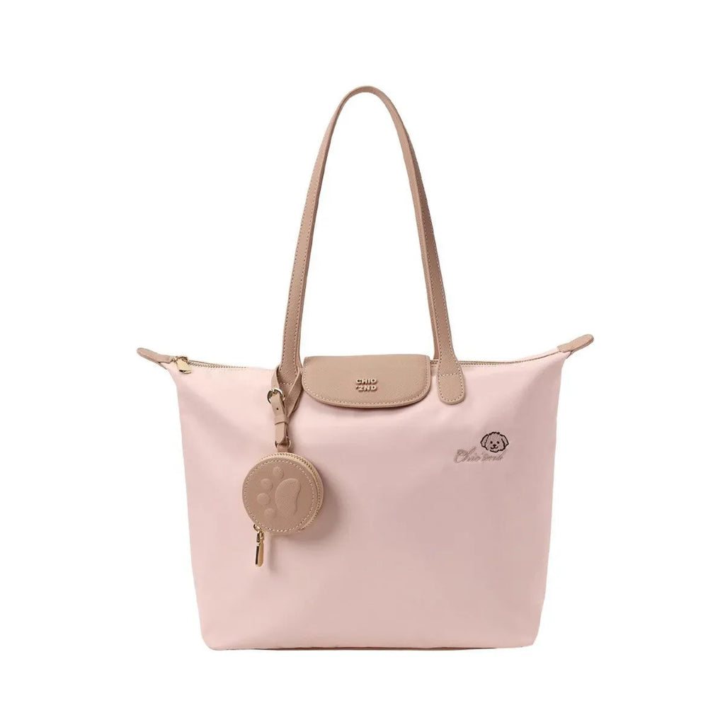Oxford cloth tote shoulder bag in beige with sandwich pocket and internal phone storage