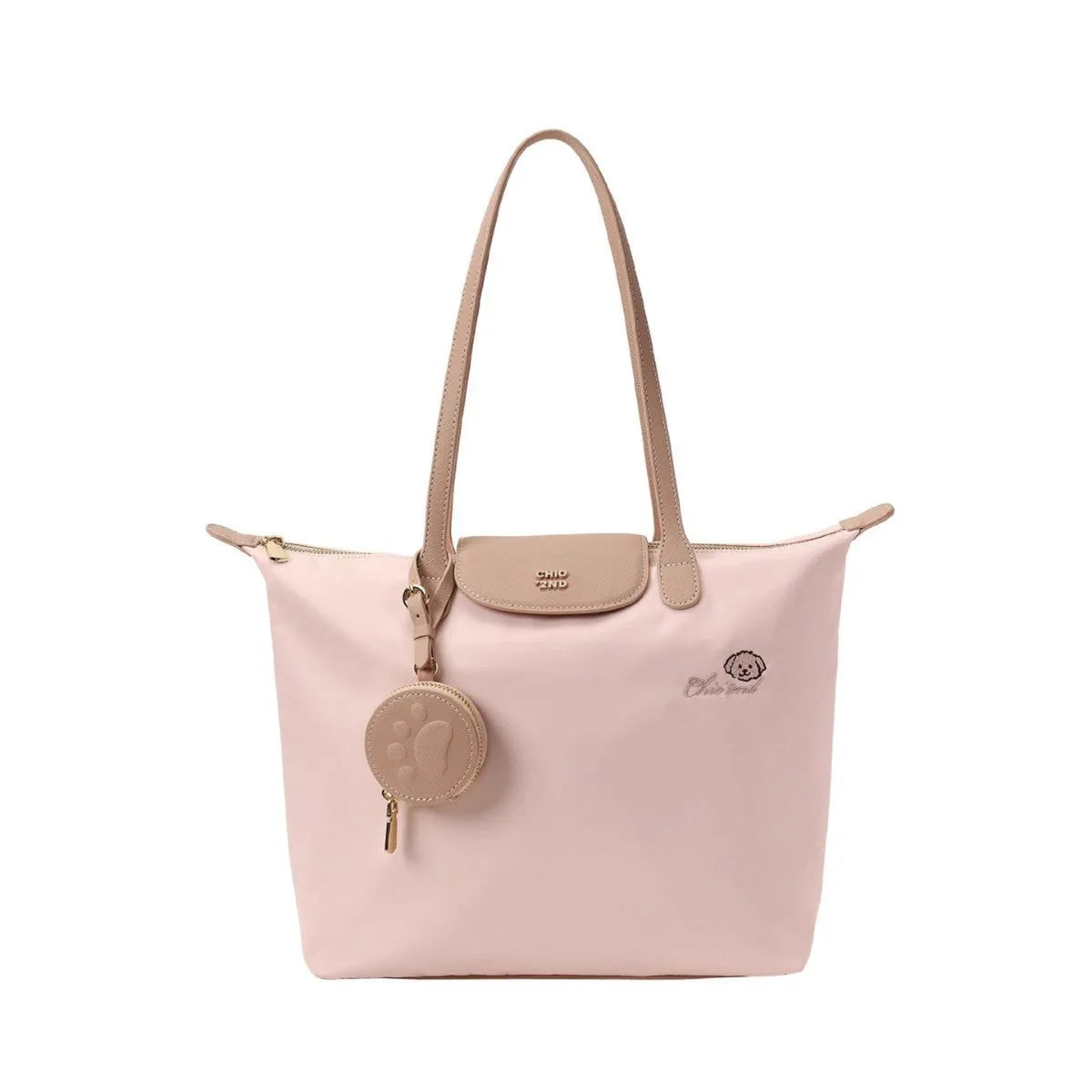 Oxford cloth tote shoulder bag in beige with sandwich pocket and internal phone storage