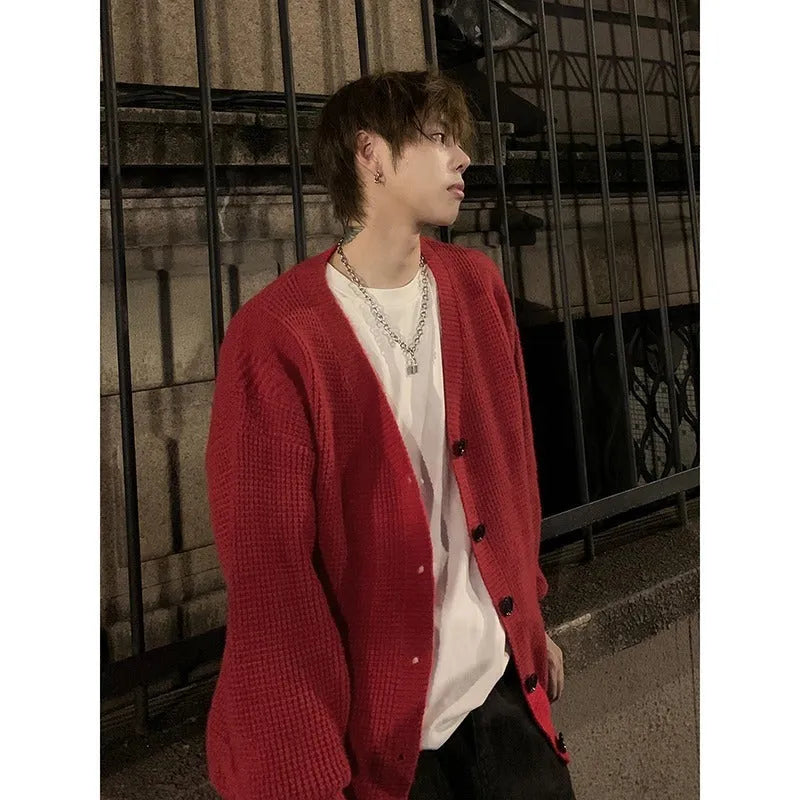 Men's loose fit V-neck cardigan sweater in Army Green solid colour, casual long sleeve design.