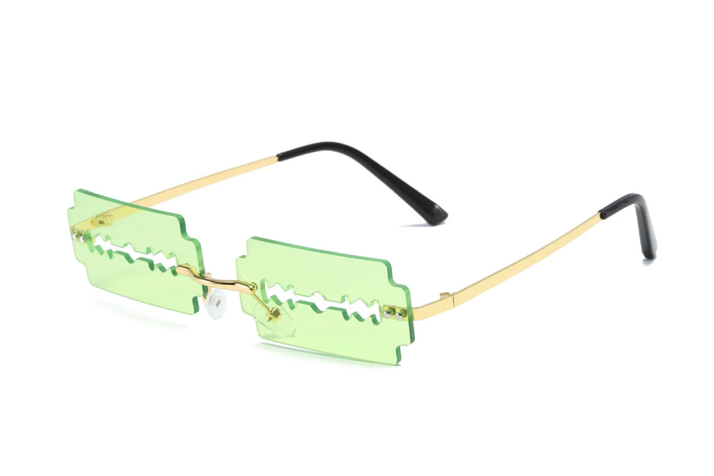 Women's metal rimless frameless sunglasses with gold frame and blue lens on display