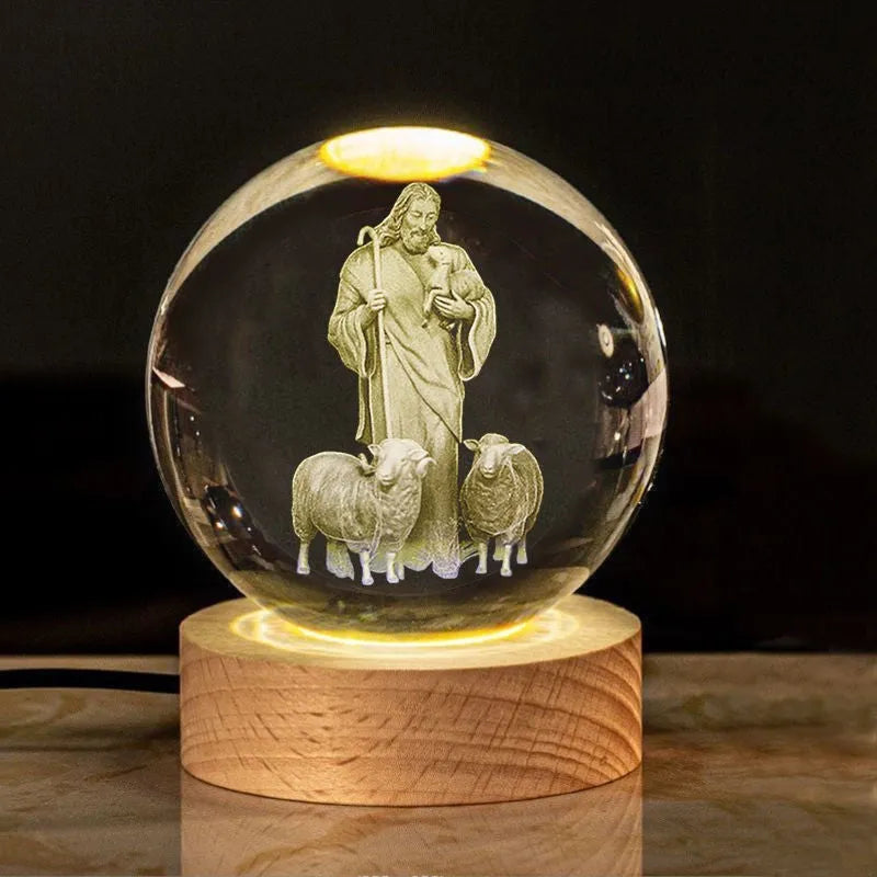 White crystal cross ornament with 6cm ball on wooden warm light base