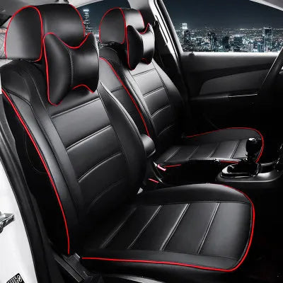 Single leather car seat cover with binding style in beige and black with red trim options