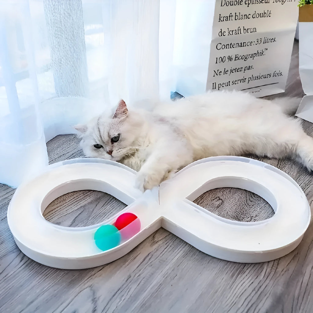 Blue and white cat turntable track toy with teasing stick for interactive play