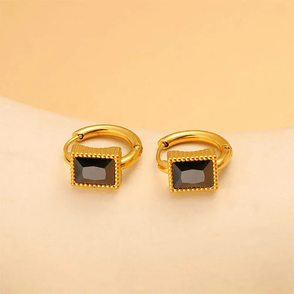 Square geometric earrings with zircon accents in stainless steel