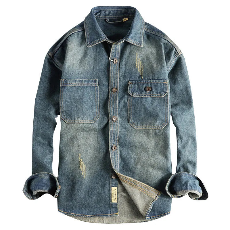 Men's light blue loose fit vintage denim shirt with long sleeves and cardigan style