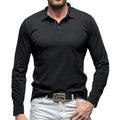 Men's dark grey cotton polo collar long sleeve T-shirt laid flat, American retro style.