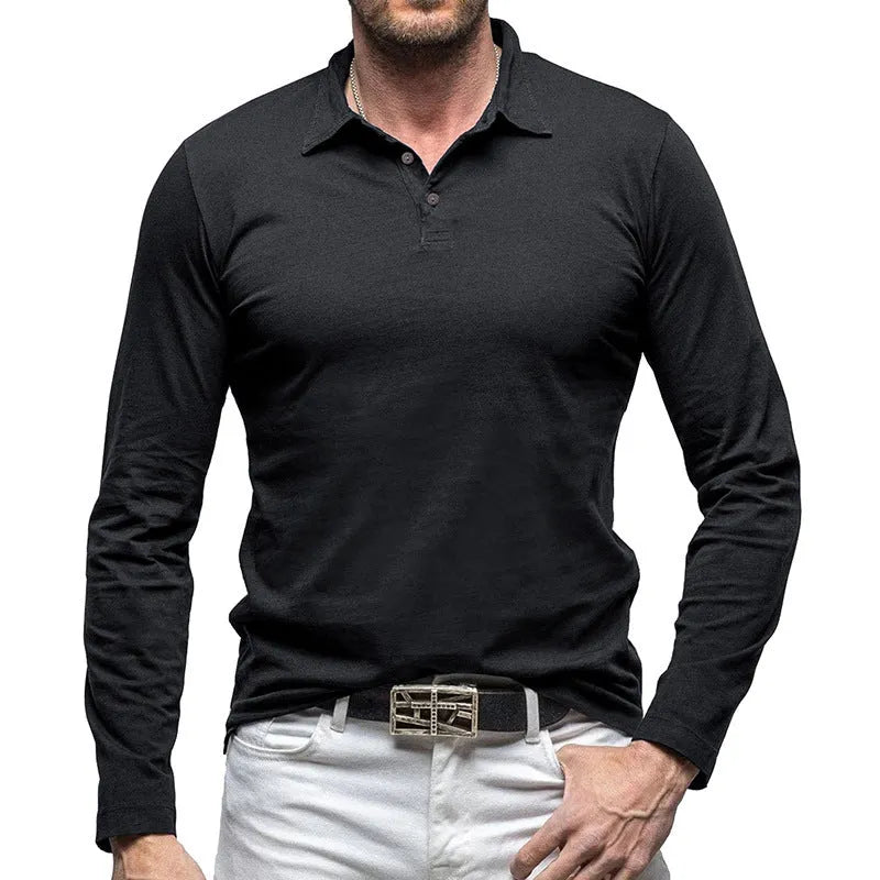Men's dark grey cotton polo collar long sleeve T-shirt laid flat, American retro style.