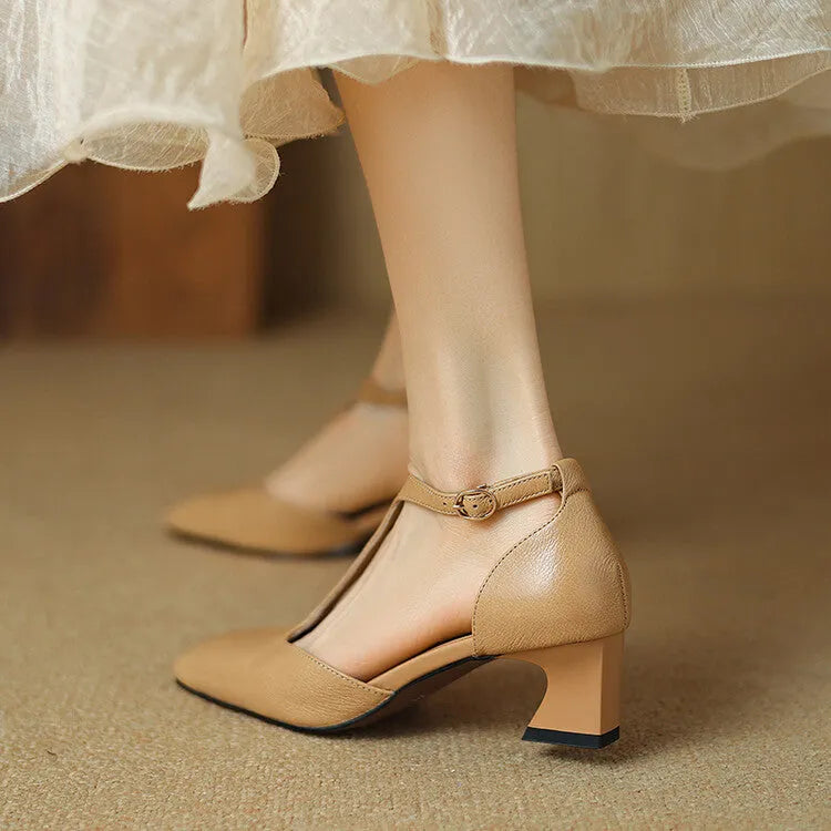 Wine red women's square toe chunky heel shoes made from sheepskin leather with a buckle strap.