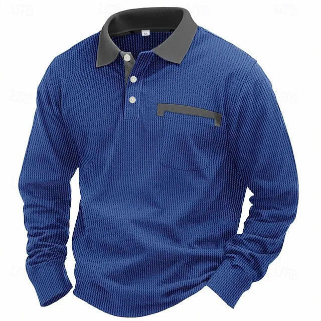 Man wearing a long-sleeved waffle-texture polo shirt in a solid colour with a loose, retro fit.