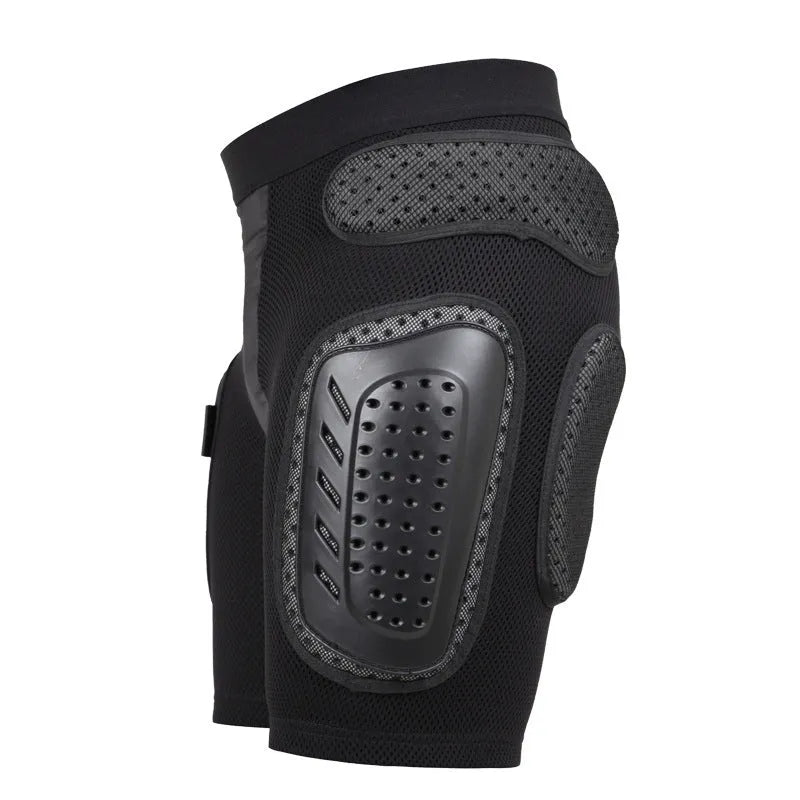 Black cycling hip protection pants with integrated hip pads shown in adult sizes