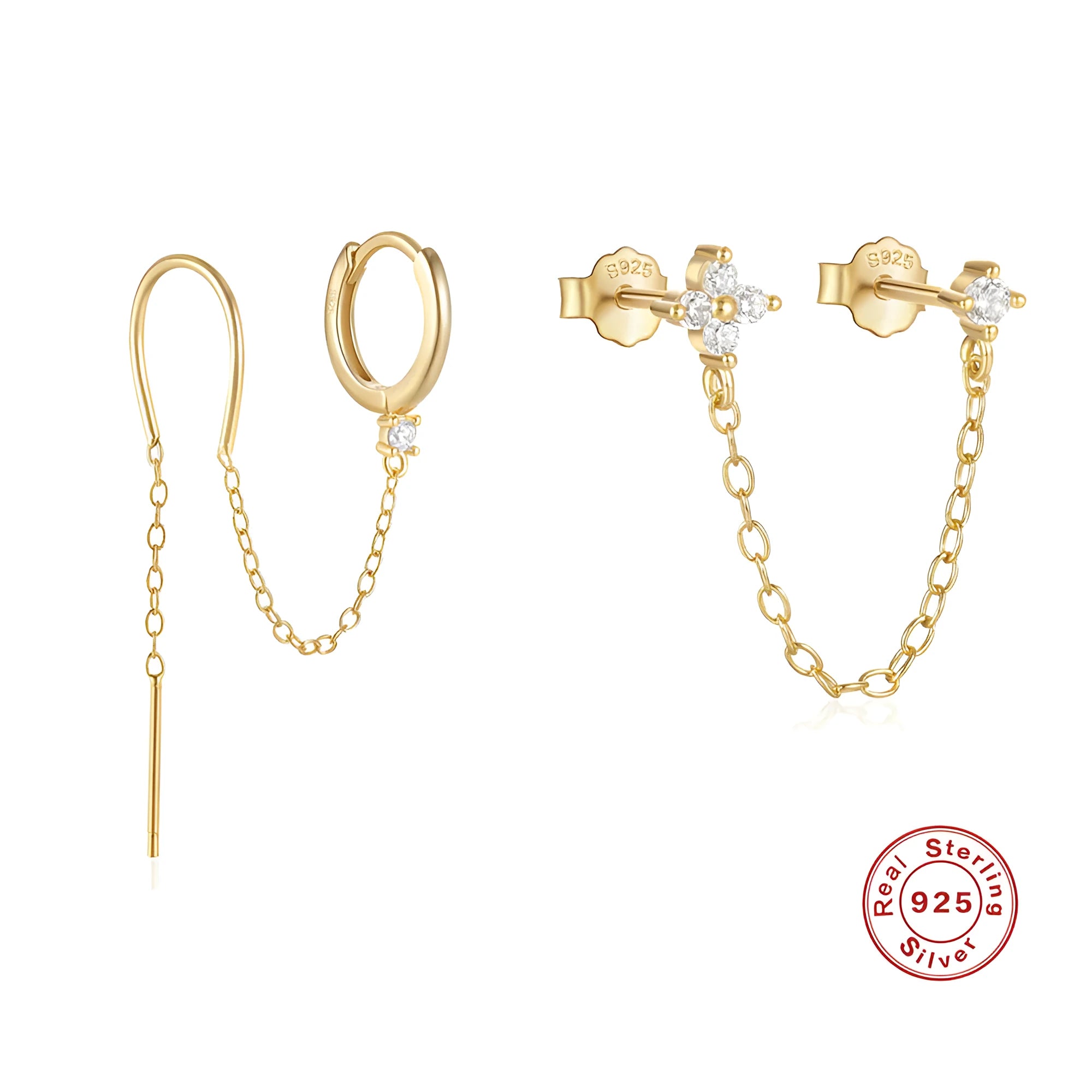 S925 sterling silver geometric ear clip stud earrings with flower, tassel, and chain design in golden electroplated finish.
