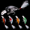 Lure Rock Little Fat Man 4.5cm feather fishing lure with 3D eyes and reinforced hook, five colour options on white background