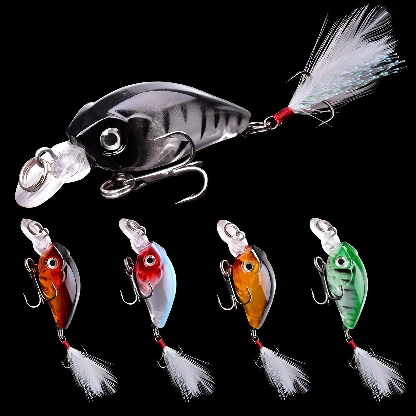 Lure Rock Little Fat Man 4.5cm feather fishing lure with 3D eyes and reinforced hook, five colour options on white background