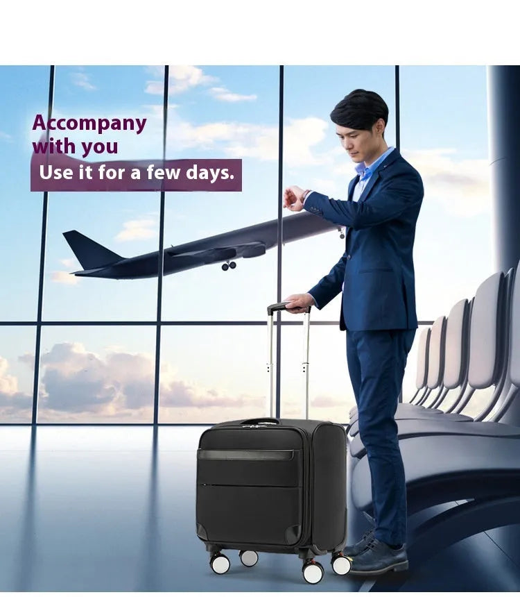 Black 18 inch Oxford cloth carry-on suitcase with retractable handle and universal wheels