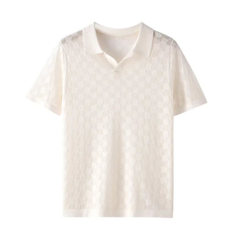 Men's mulberry silk short sleeve sweater with V-neck lapels in solid colour