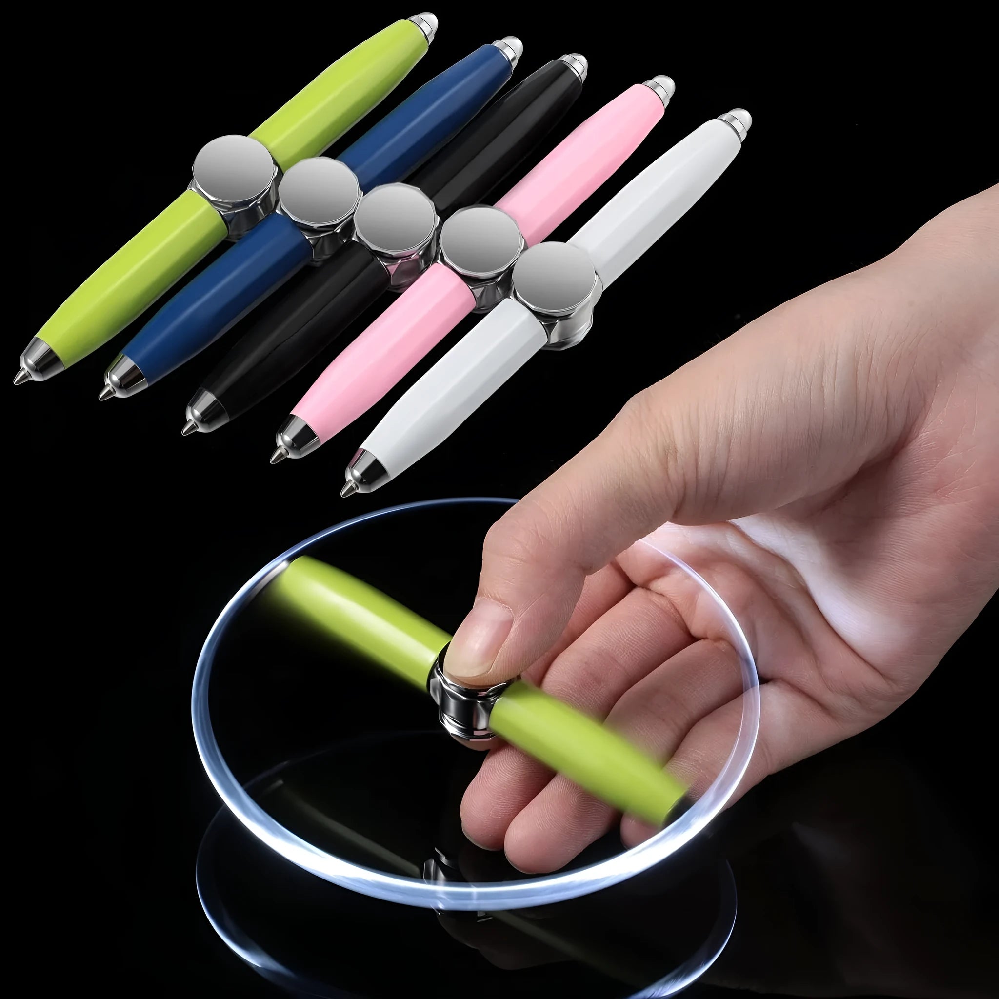 Metal gyro ballpoint pen with LED spinner, shown in multiple refill colour options.