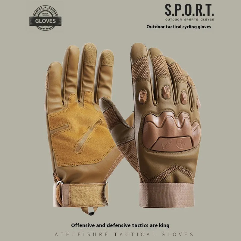 Men's black full finger tactical gloves with breathable fabric and touchscreen capable fingertips.