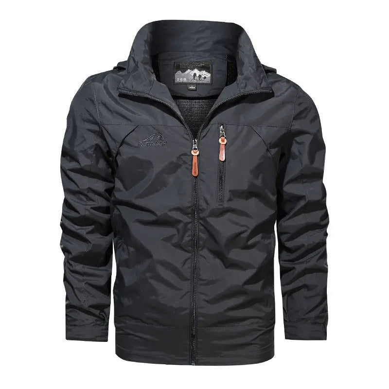Men's plus size nylon hooded jacket in army green with stand-up collar and zip front