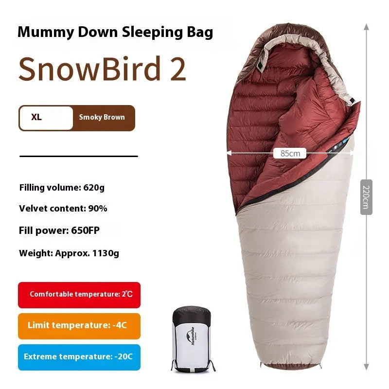 Mummy style goose down sleeping bag with storage bag in various colour options
