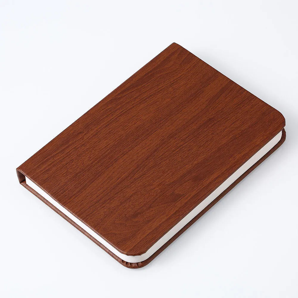 Leather folding small night lamp with tricolour lighting in book style, shown in wood grain finish
