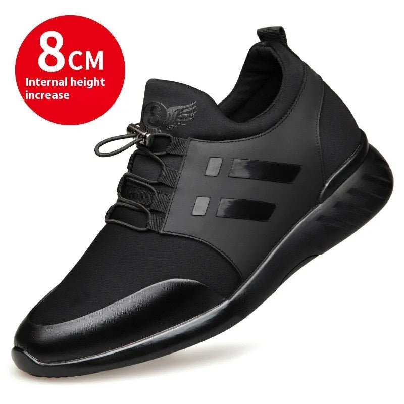 Men's black casual height increasing sneakers with genuine leather upper and hidden wedge heel