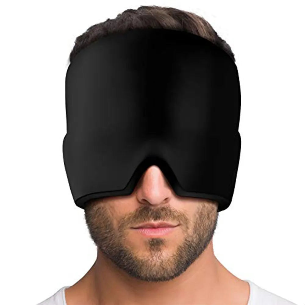 Black elastic gel cold compress eye mask for headache relief with measurements