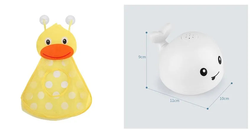 Blue and white whale bath toy with water spray and flashing lights for baby sensory play