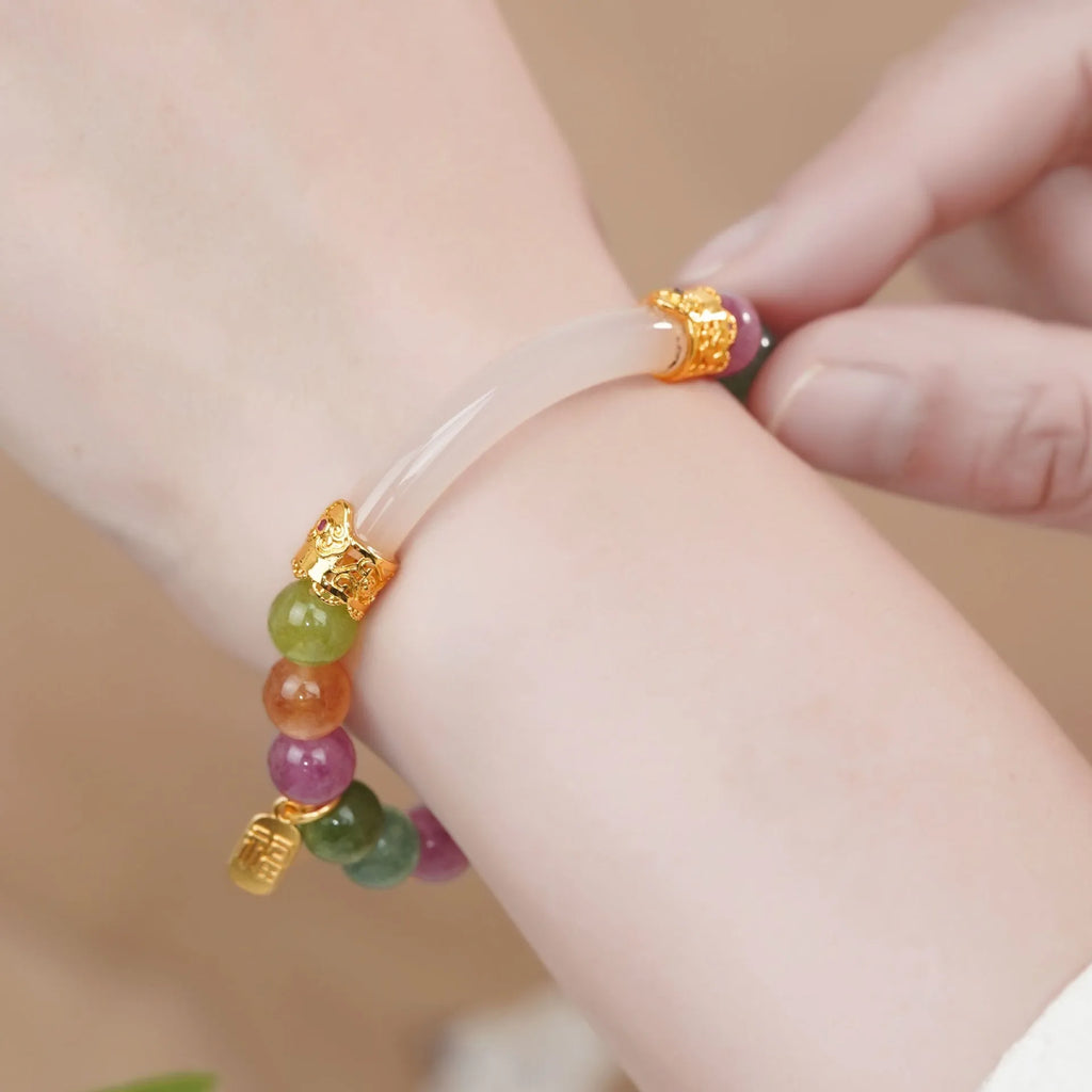Rainbow tourmaline half bracelet for women with electroplated finish and sweet cool style