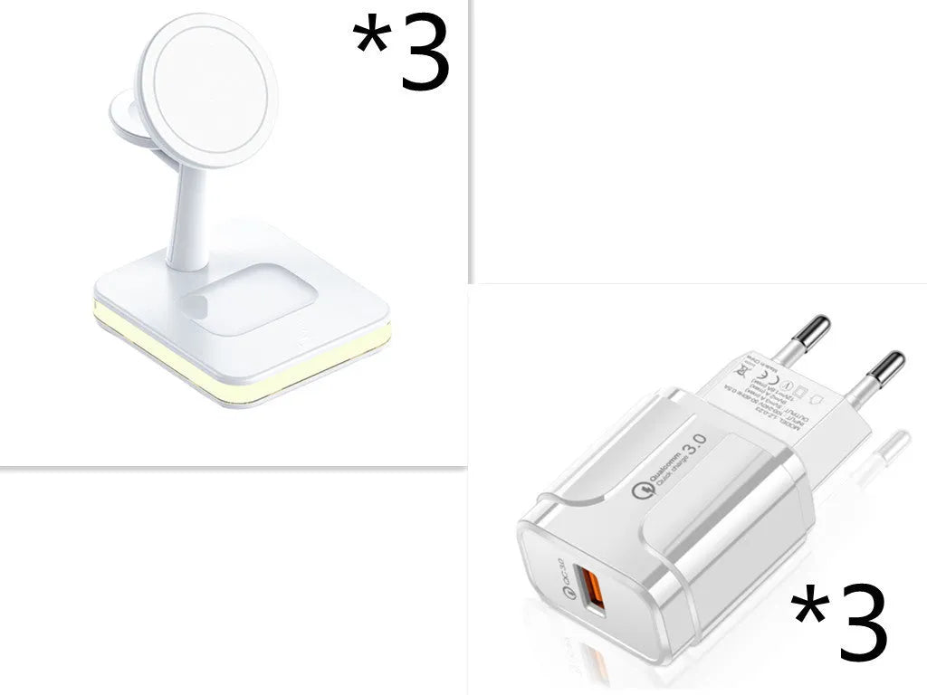 3-in-1 wireless charger magnetic bracket charging smartphone, watch, and earbuds on a desk