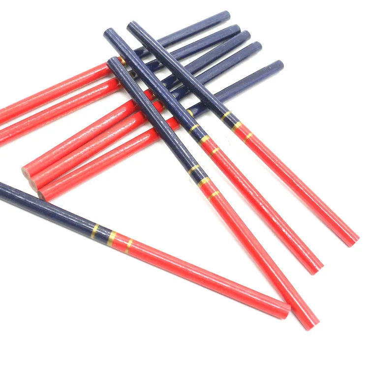 Ten red and blue two-colour carpenter's pencils with wooden casing round marking pens