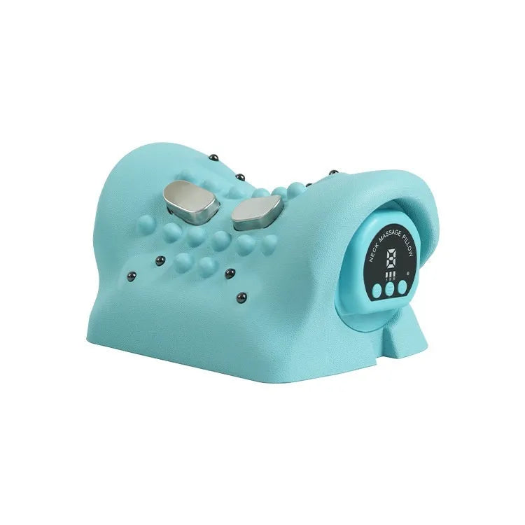 Blue-green portable neck massage pillow with hot compress and EMS therapy functions