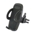 Black universal car air vent mobile phone holder mounted on a car vent, holding a smartphone.