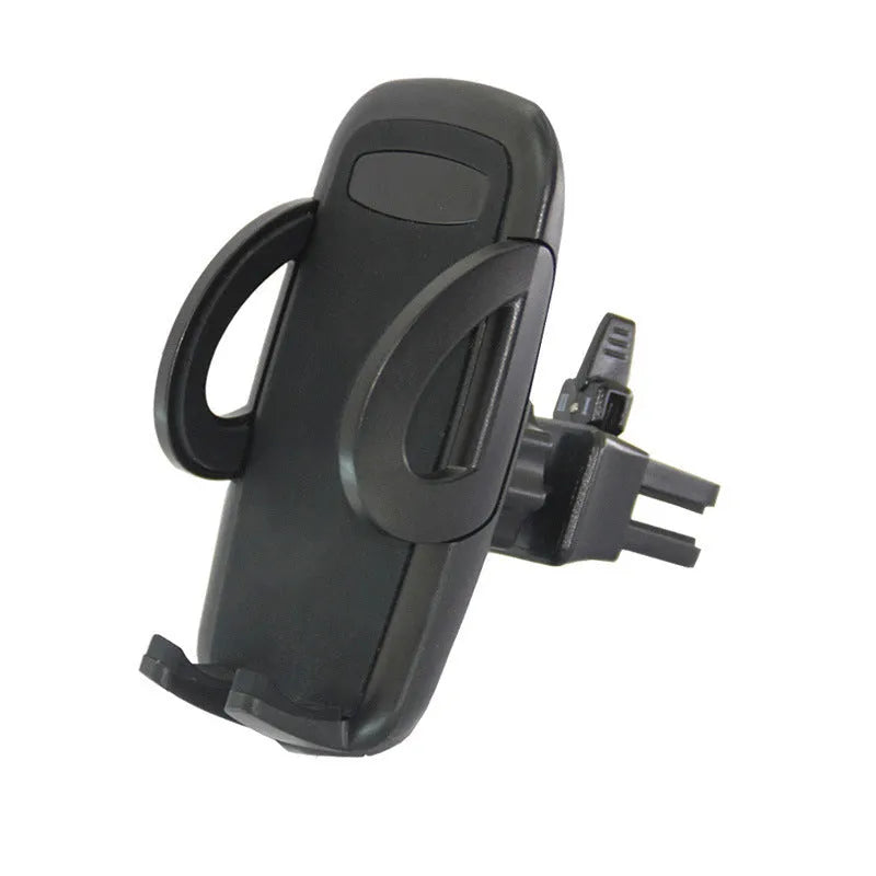 Black universal car air vent mobile phone holder mounted on a car vent, holding a smartphone.