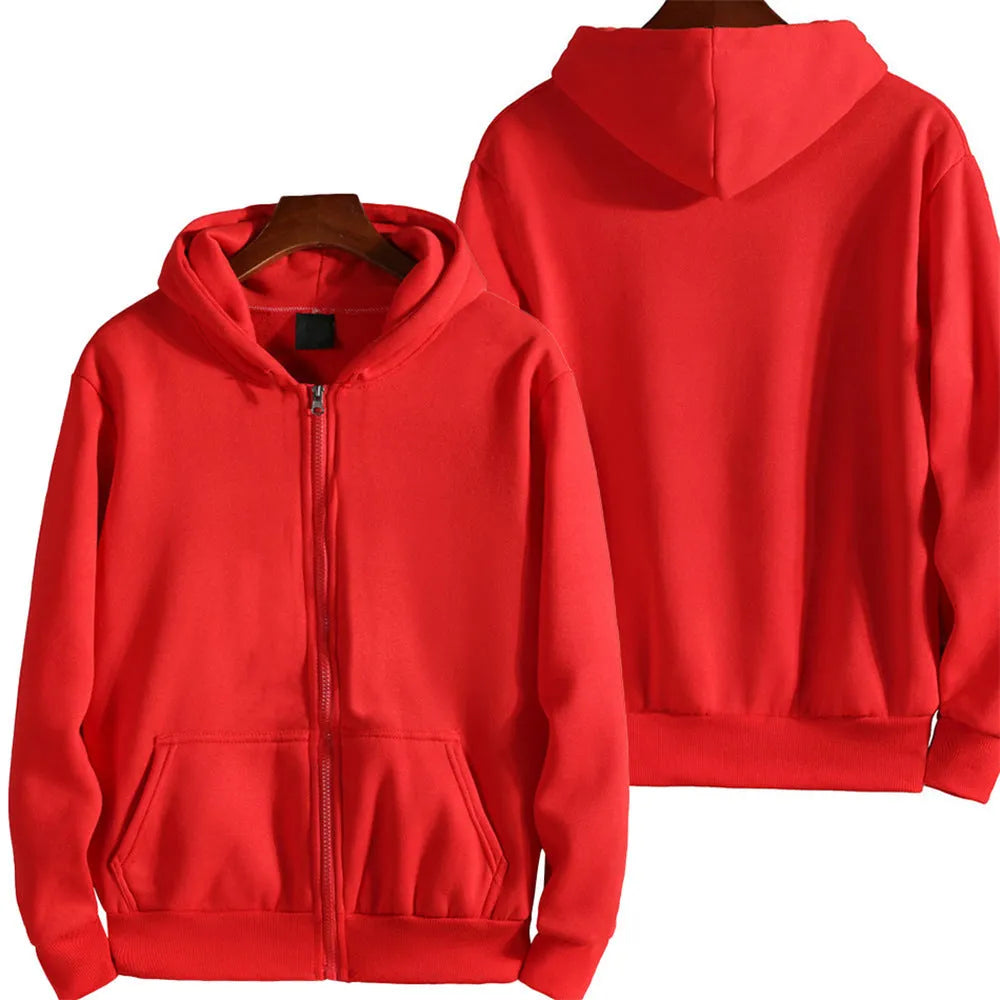 Men's solid colour loose fit zip-up sports jacket on a hanger.