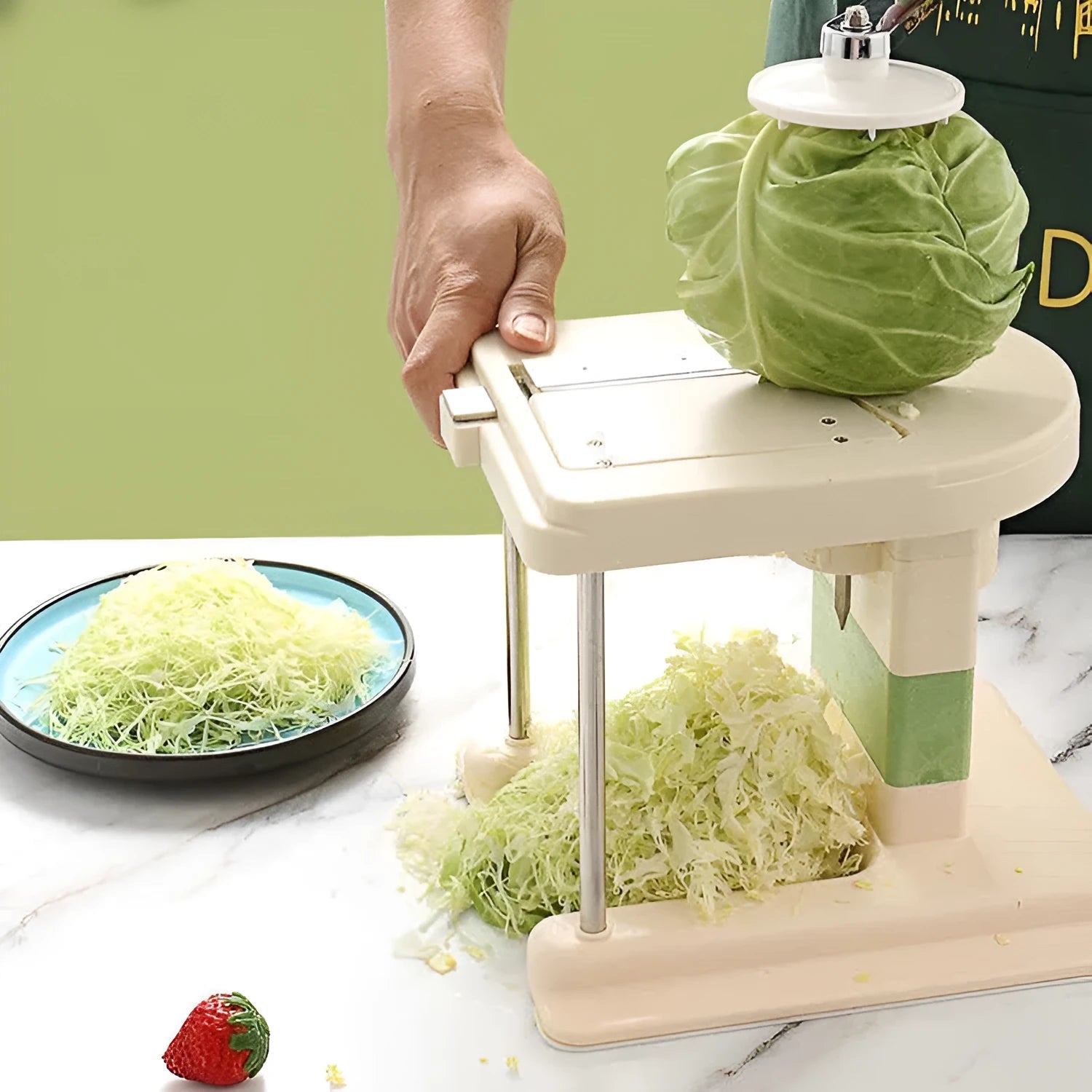 Beige multifunctional stainless steel vegetable slicer, chopper, and grater kitchen tool.