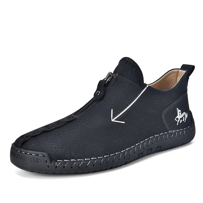 Men's front-zipper leather boots with round toe and mid-calf height in black colour