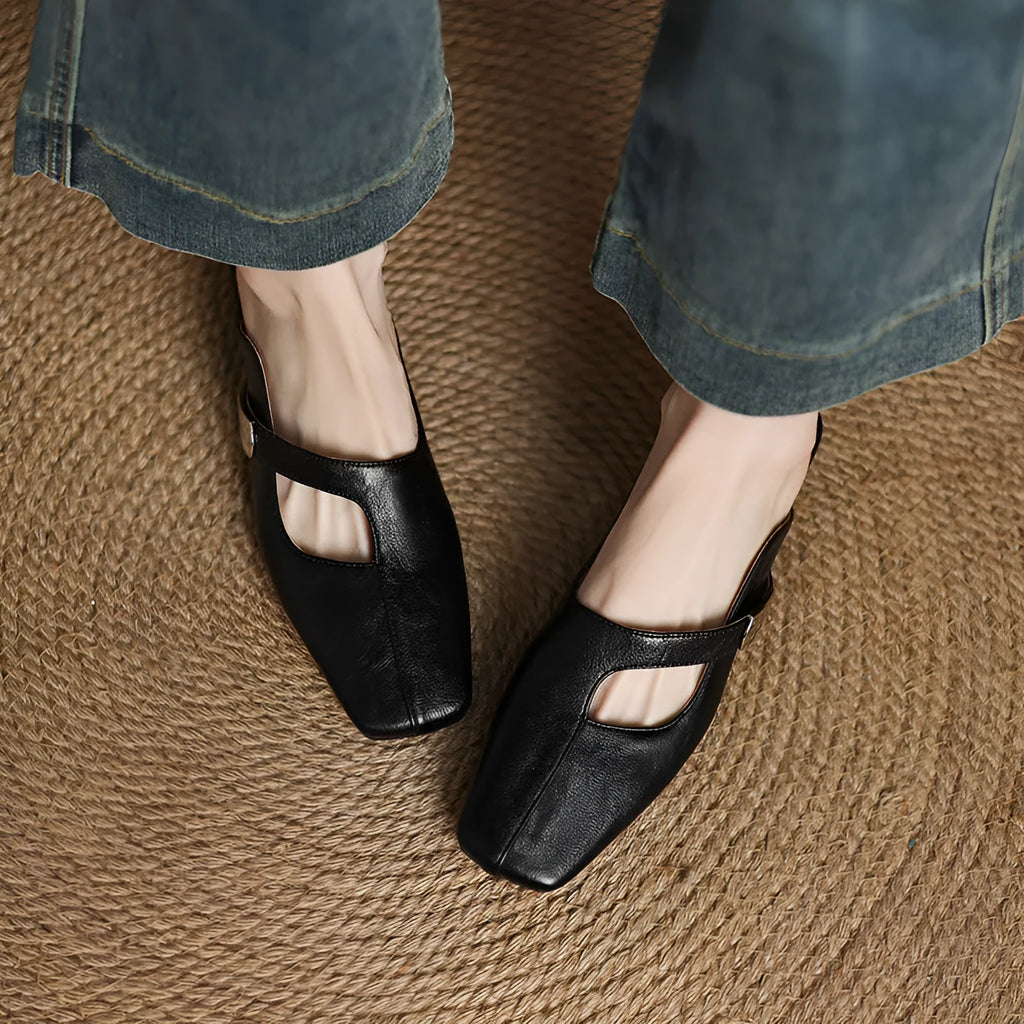 British style square head low heel slippers in artificial PU with imitation leather lining