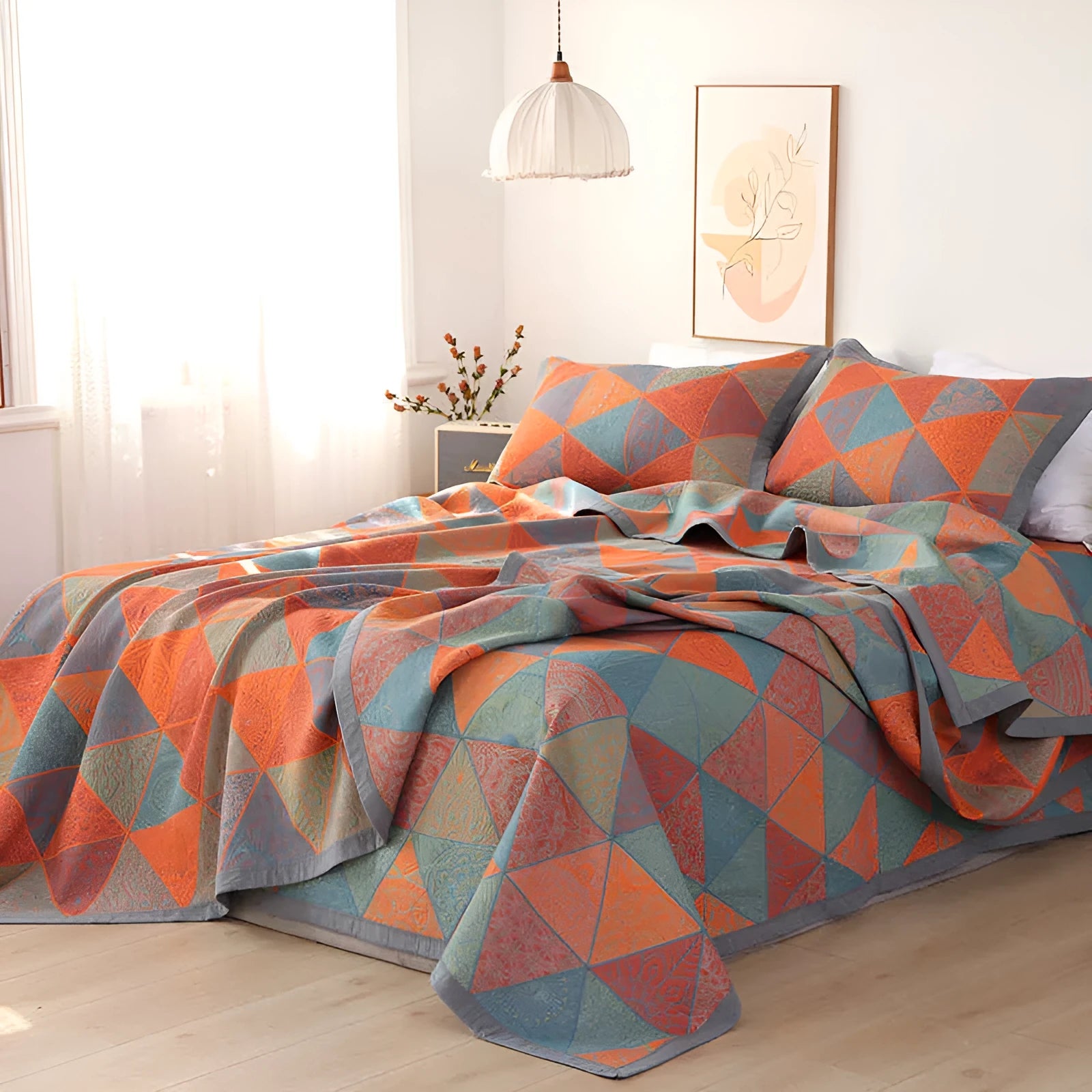 Cotton gauze bed blanket and pillowcase set with botanical plant and flower pattern design