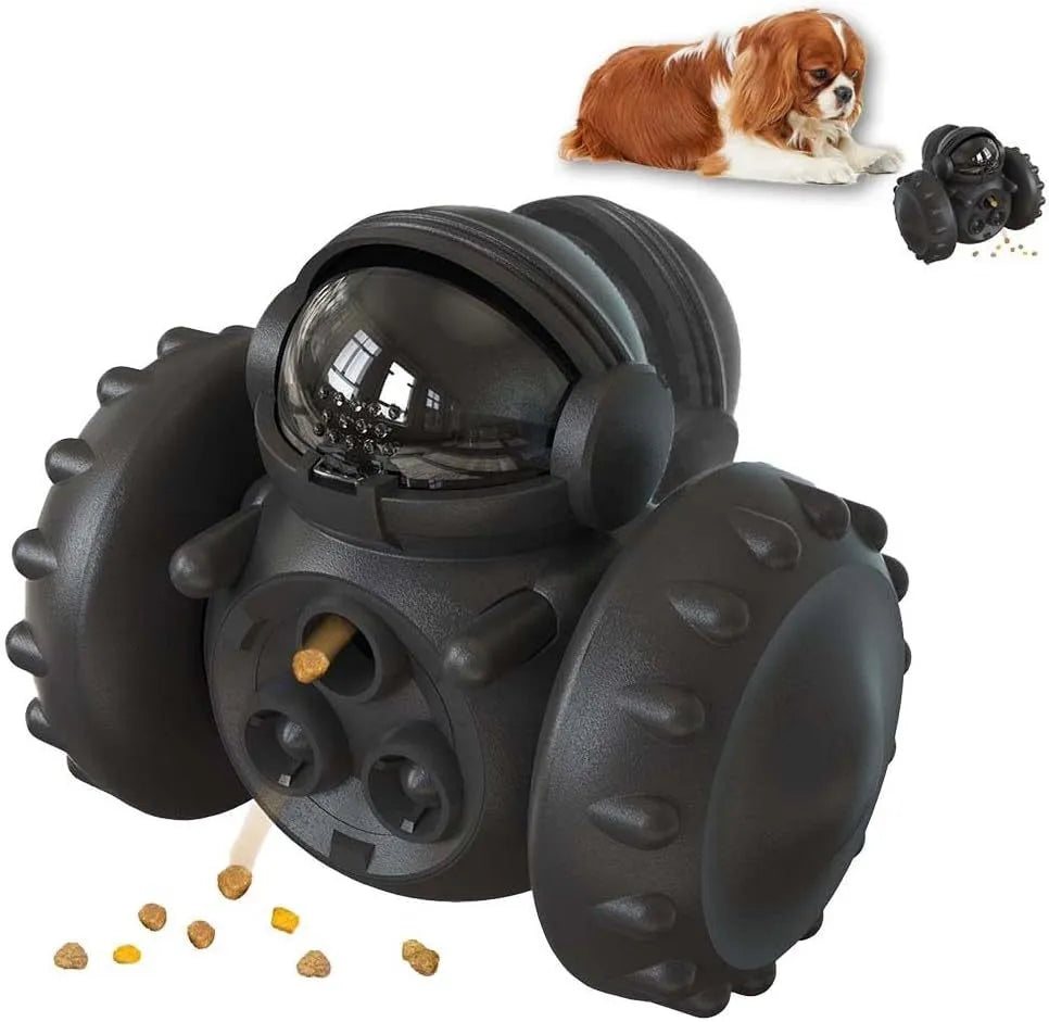 Small dog treat dispenser toy with robot appearance in five colour options showing dimensions