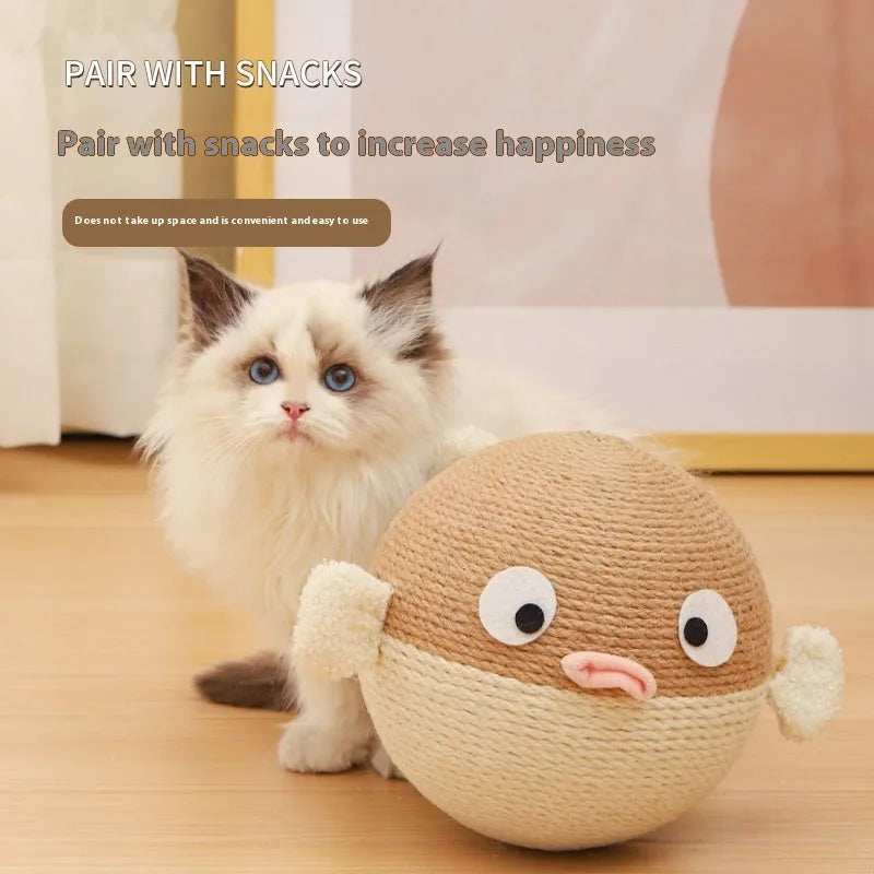 Puffer leakage food feeder toy for dogs and cats, a 15cm sisal hemp cube puzzle.