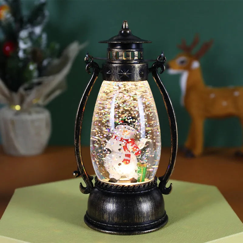 Crystal ball oil lamp Christmas ornament with LED light, snowman or elderly figure theme.