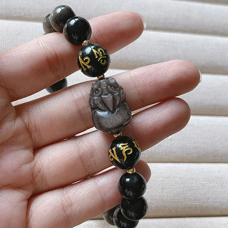 Silver stone men's bracelet with Chinese zodiac symbols and engraved proverbs on beaded design