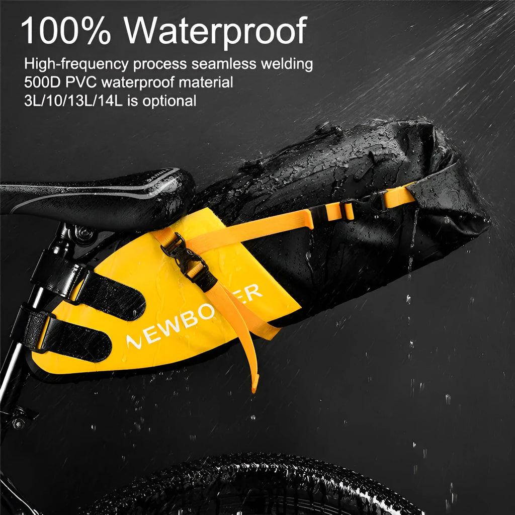 Waterproof black PVC bicycle tail bag mounted on bike rear with 13L capacity for cycling storage