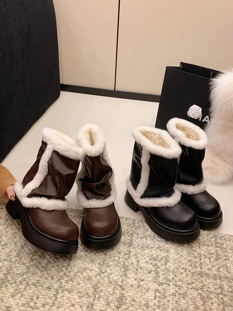 Women's winter faux fur lined short boots with thick sole and plush trim in black