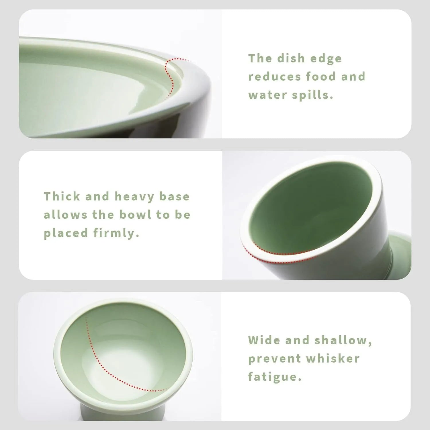 Elevated ceramic cat bowl with wide shallow dish for whisker fatigue prevention