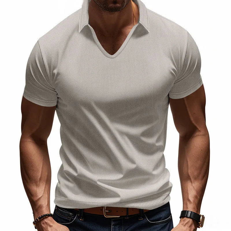Men's loose fit V-neck short sleeve t-shirt in cotton blend fabric shown in multiple colour options