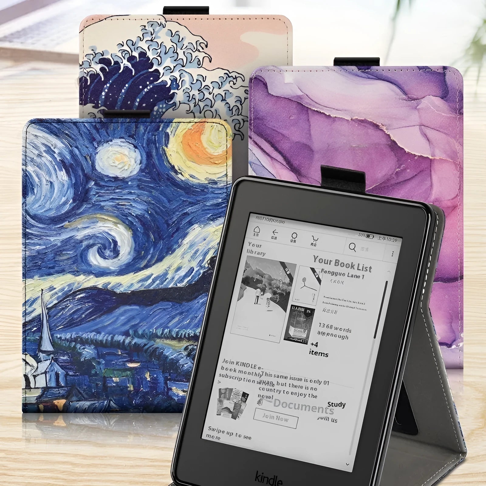 Painted leather-look TPU protective case for a 6-inch ereader, shown in a bracket-compatible business style.
