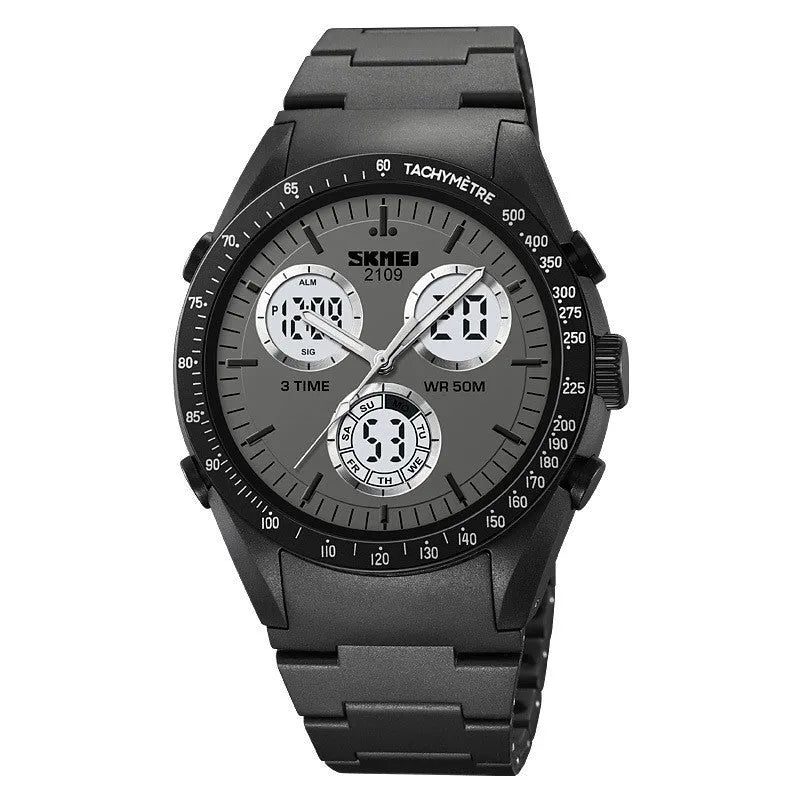 Digital casual watch with a black camouflage TPU strap and resin lens showing time on display.