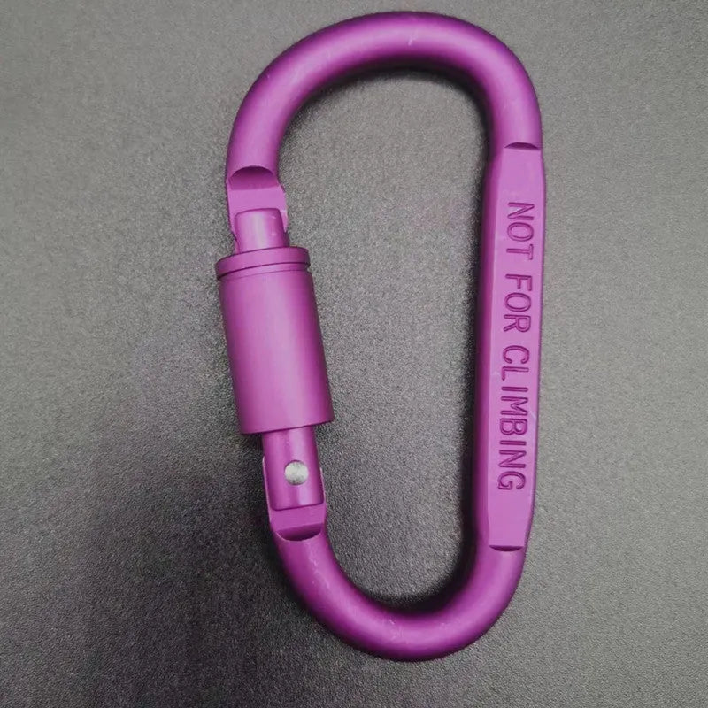 D-type aluminium carabiner with lock mechanism in bright colours measuring 8cm